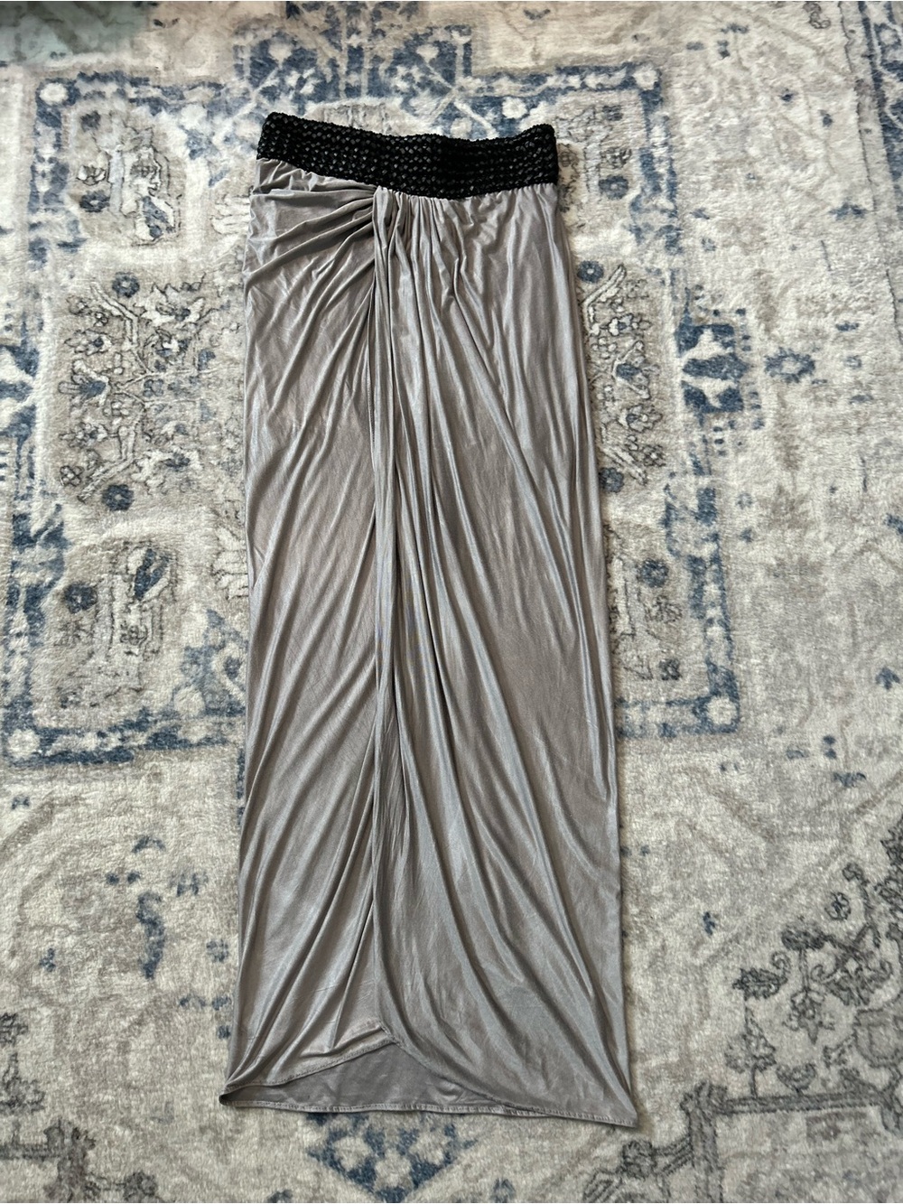 Venus Smocked Waist Maxi Skirt in Gray with Black Band